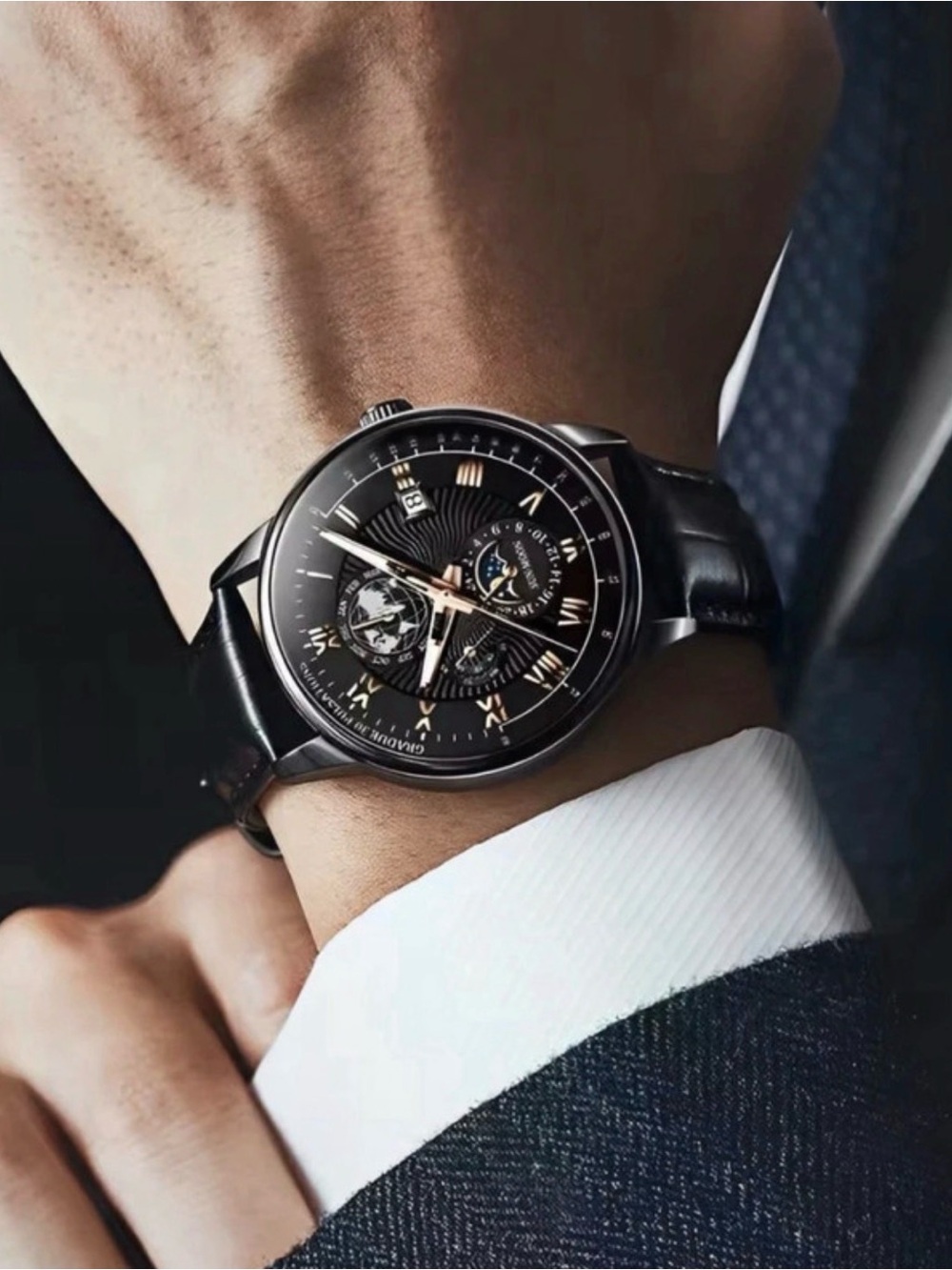 Black Men's Leather Strap wrist Watch -